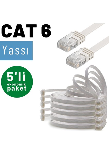 5 Adet CAT6 Yassı Ethernet (Network, LAN) Kablosu, Beyaz, 25 cm