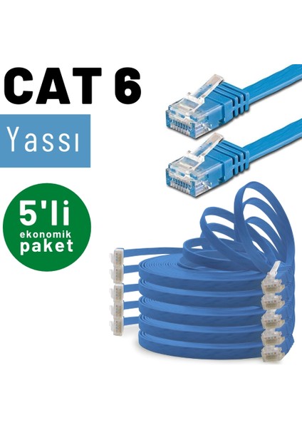 5 Adet CAT6 Yassı Ethernet (Network, LAN) Kablosu, Mavi, 25 cm