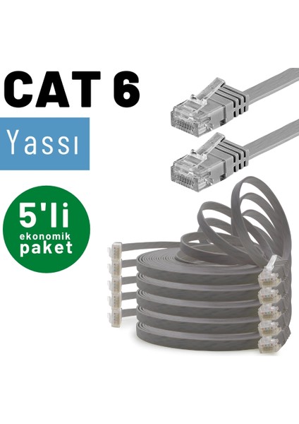 5 Adet CAT6 Yassı Ethernet (Network, LAN) Kablosu, Gri, 25 cm