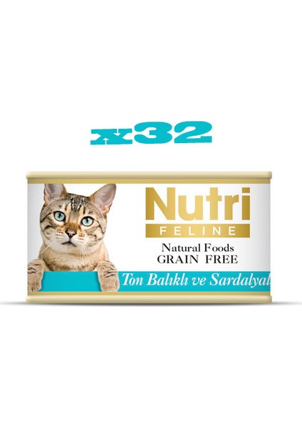 Nutri Feline Tahılsız Ton Balıklı & Sardalyalı Yaş Kedi Maması 85 gr x 32 Adet