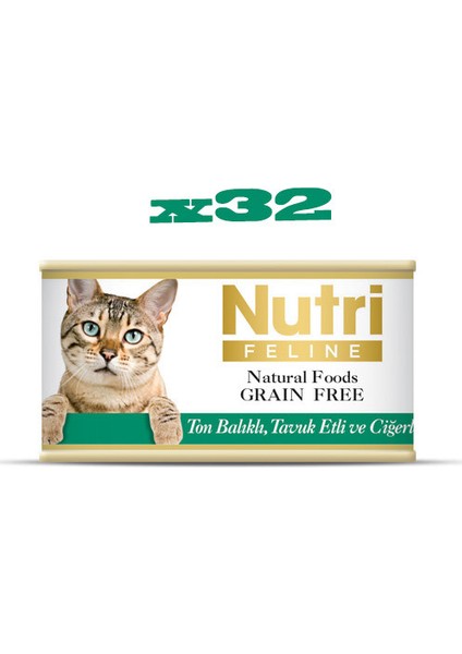 Tahılsız Ton Balıklı & Tavuk Etli & Ciğerli Kedi Maması 85 gr x 32 Adet
