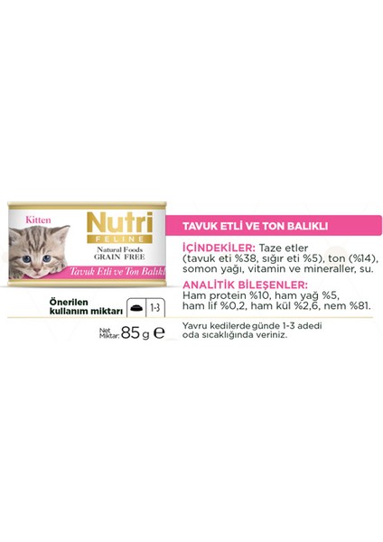 Tahılsız Tavuk Etli & Ton Balıklı Yavru Yaş Kedi Maması 85 gr x 3 Adet