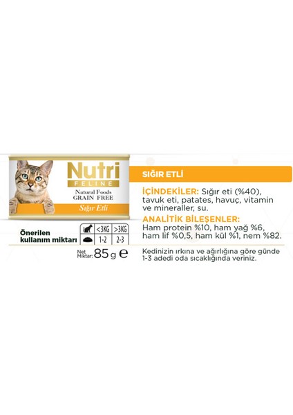 Nutri Feline Tahılsız Sığır Etli Yaş Kedi Maması 85 gr x 3 Adet