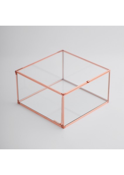 Takı Aksesuar Kutusu Kapaklı Cam Bakır Rose Gold 15 x 15 x 8 cm