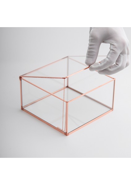 Takı Aksesuar Kutusu Kapaklı Cam Bakır Rose Gold 15 x 15 x 8 cm