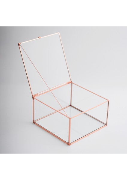 Takı Aksesuar Kutusu Kapaklı Cam Bakır Rose Gold 15 x 15 x 8 cm