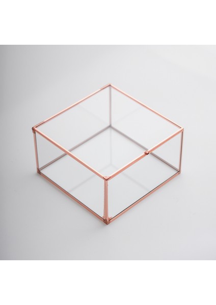 Takı Aksesuar Kutusu Kapaklı Cam Bakır Rose Gold 15 x 15 x 8 cm