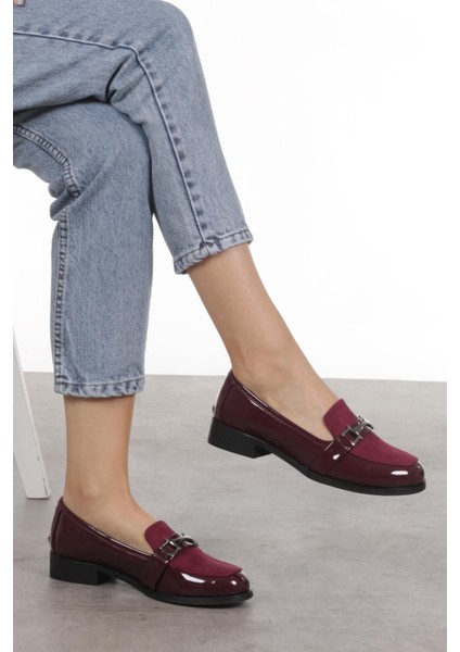Bordo Renk Rugan ve Süet Kadın Günlük Oxford Düz Ayakkabı