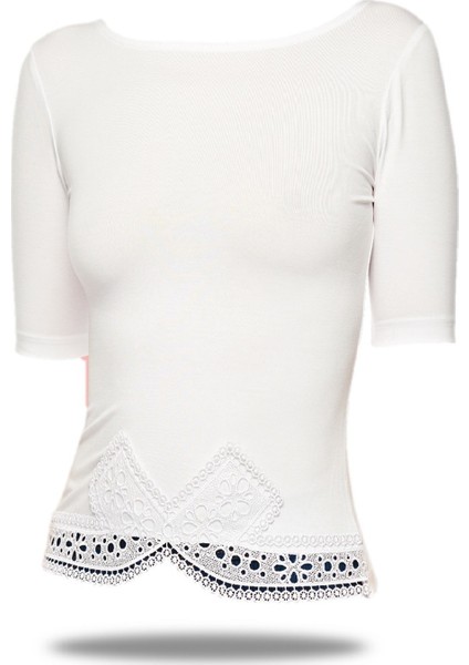 Kadın Kısa Kollu Üst Güpürlü Likralı Bluz