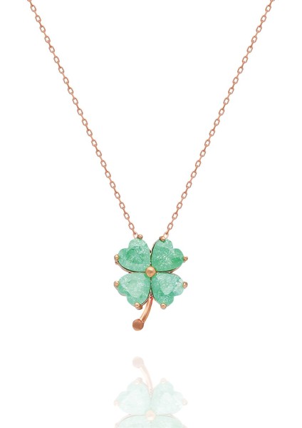 925 Ayar Yeşil Taşlı Yonca Kolye Kadın Gümüş Kolye