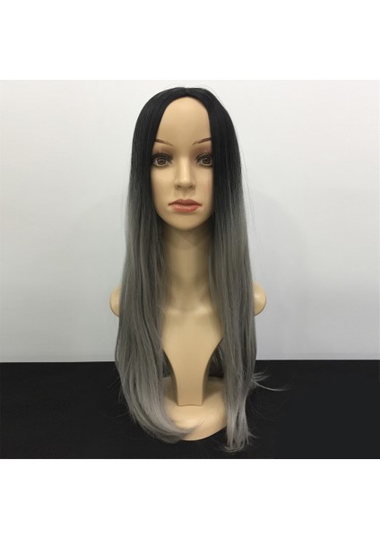 Düz Fiber Sentetik Peruk Siyah Gri Ombreli