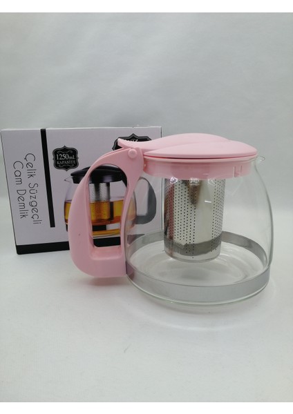 1250 ml Çelik Süzgeçli Cam Demlik- Pembe