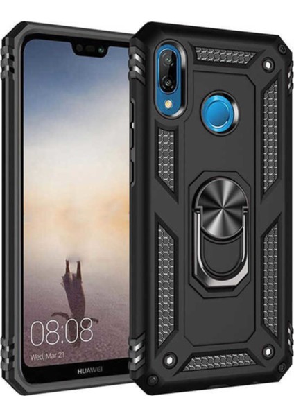 Huawei P20 Lite Kapak Military Yüzüklü Stantlı Panzer Tank Kılıf Siyah