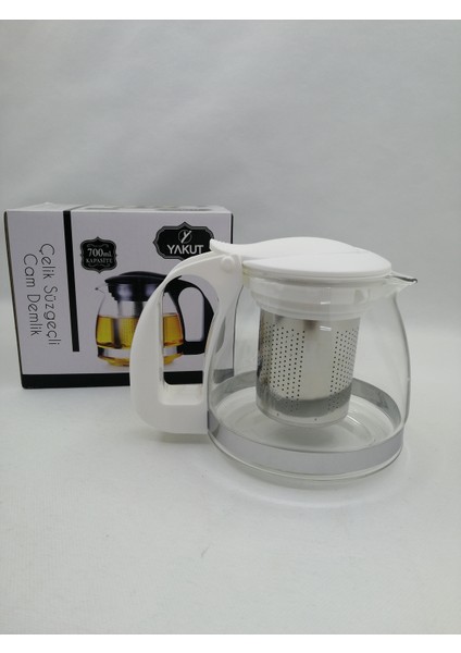 700 ml Çelik Süzgeçli Cam Demlik-Beyaz