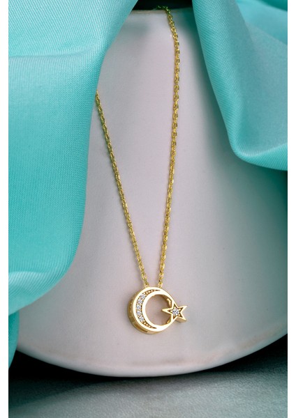Gümüş Ay Yıldız Temalı Altın Kaplama Kolye