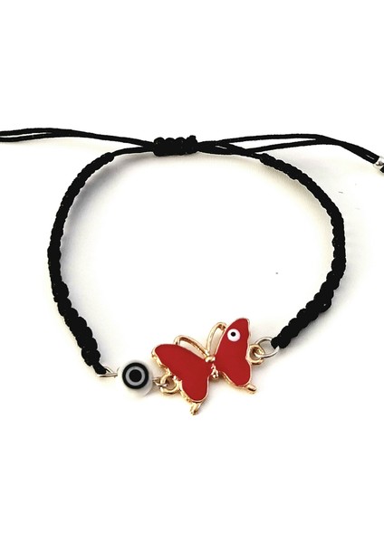 Kırmızı Kelebek Beyaz Nazar Boncuklu Siyah Makrome Bileklik