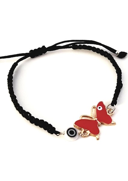 Kırmızı Kelebek Beyaz Nazar Boncuklu Siyah Makrome Bileklik fiyatları