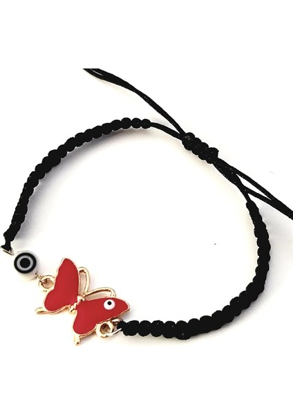 Kırmızı Kelebek Beyaz Nazar Boncuklu Siyah Makrome Bileklik modelleri