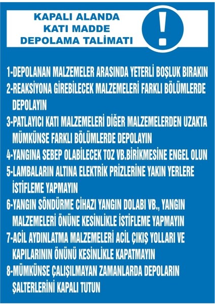 Kapalı Alanda Katı Madde Depolama Talimatı Galvaniz Uyarı Levhası 17,5 x 25 cm