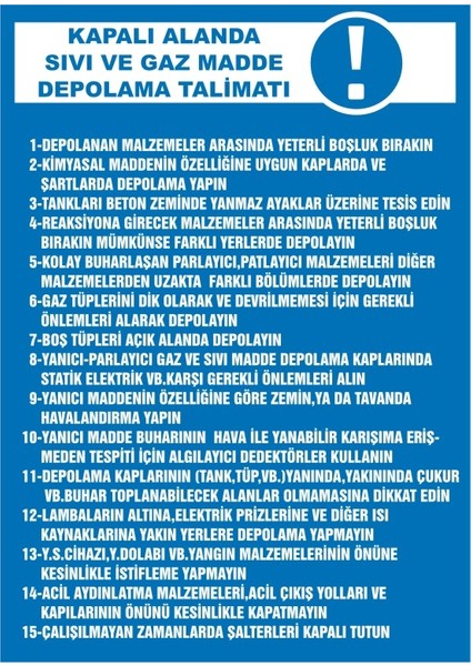 Kapalı Alanda Sıvı ve Gaz Madde Depolama Talimatı Galvaniz Uyarı Levhası 17,5 x 25 cm