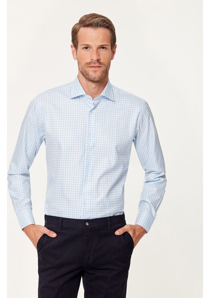 Açık Mavi Kareli Slim Fit Gömlek