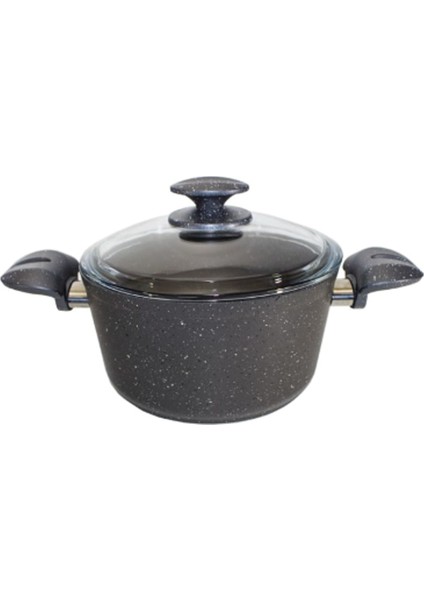 Granit Derin Tencere 22 cm Cam Kapaklı Gri Renk