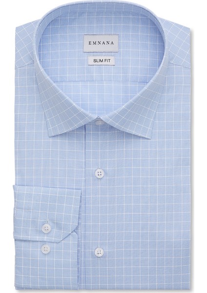 Açık Mavi Kareli Slim Fit Gömlek
