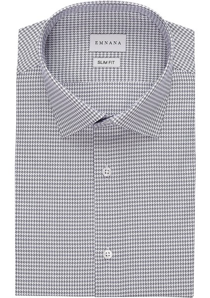 Lacivert Desenli Kısa Kollu Slim Fit Gömlek