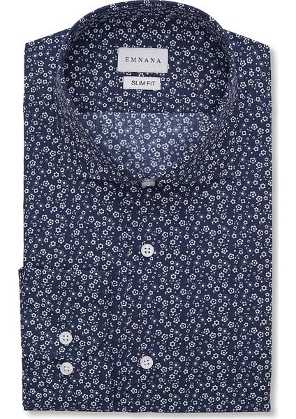 Lacivert Çiçek Desenli Slim Fit Print Gömlek
