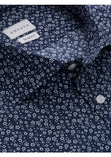 Lacivert Çiçek Desenli Slim Fit Print Gömlek