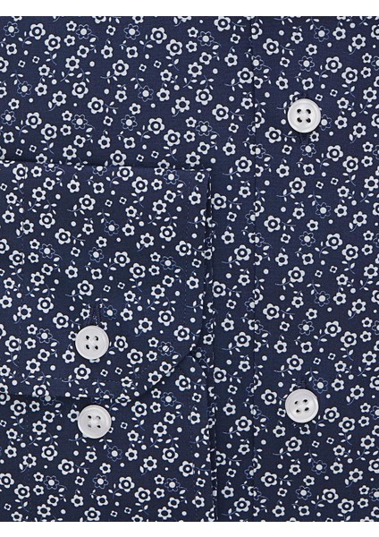 Lacivert Çiçek Desenli Slim Fit Print Gömlek