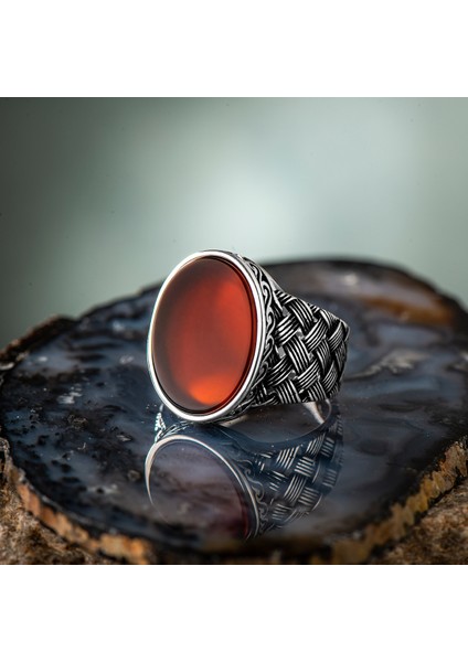 925 Ayar Gümüş Örgü Model Oval Bordo Akik Taşlı Erkek Yüzük fiyatları