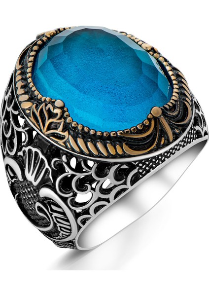 Aqua Blue Taşlı Vav Işlemeli Gümüş Erkek Yüzük