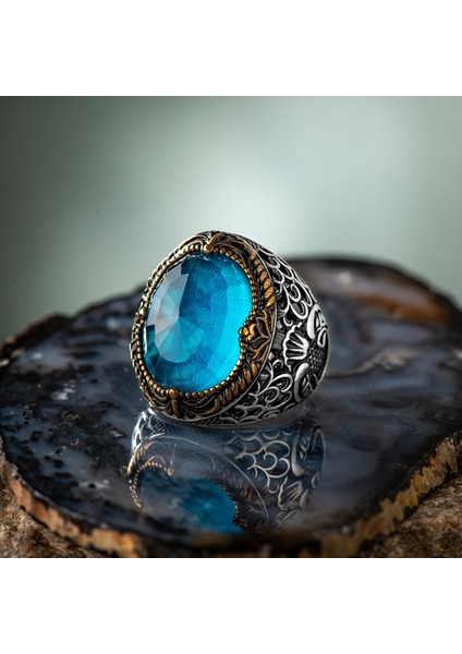 Aqua Blue Taşlı Vav Işlemeli Gümüş Erkek Yüzük fiyatları