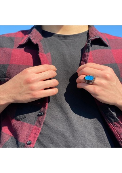 Aqua Blue Taşlı Vav Işlemeli Gümüş Erkek Yüzük modelleri