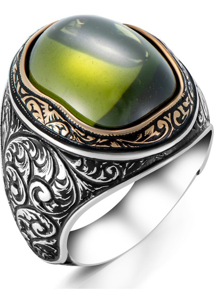 Özel Kesim Zebercet Olivin Yeşil Taşlı Gümüş Erkek Yüzük