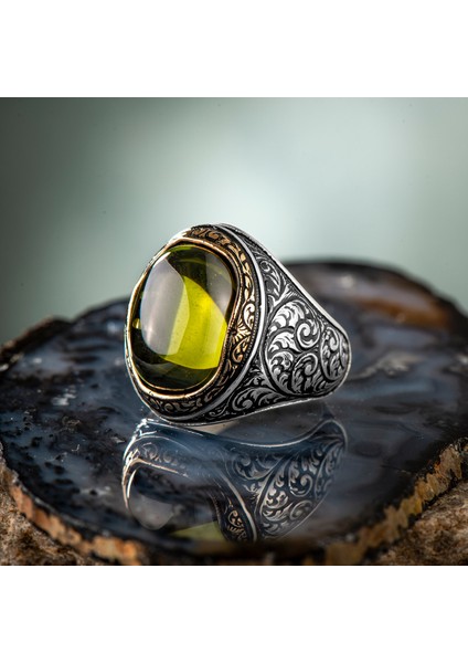 Özel Kesim Zebercet Olivin Yeşil Taşlı Gümüş Erkek Yüzük fiyatları