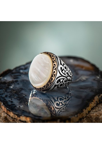 Oval Beyaz Sedef Taşlı Modern Gümüş Erkek Yüzük fiyatları