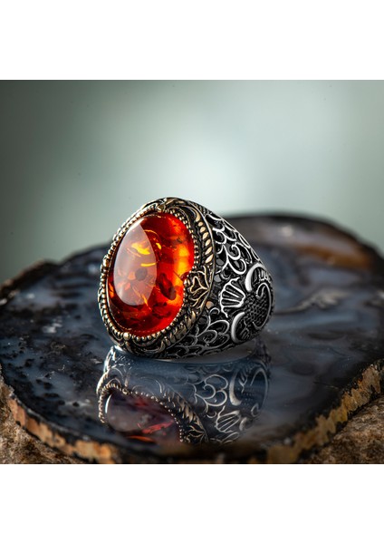 Oval Kehribar Taşlı Vav Işemeli Gümüş Erkek Yüzük fiyatları