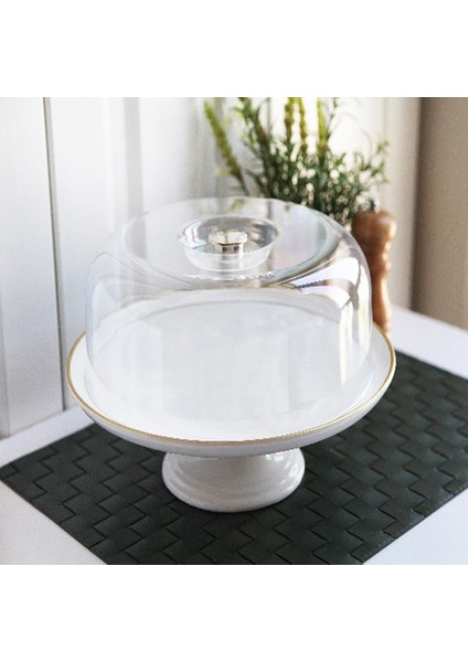 Seramik Beyaz Gold Ayaklı Kek Fanusu