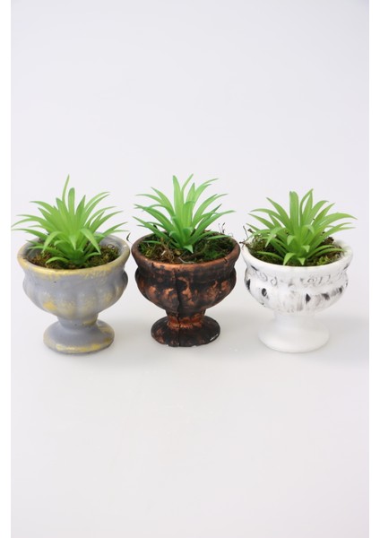 Mini Antik Beton Meşale Saksıda Yapay Succulent 3lü Set