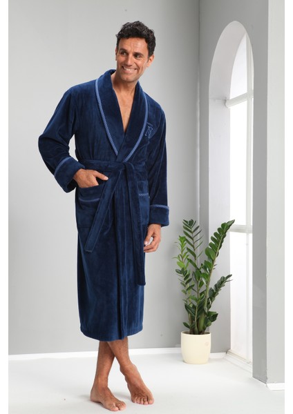 Ns Nakış Şeritli Bambu Cotton Erkek Bornozu