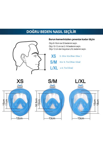 Full Face Aksiyon Kamera için Şnorkel Dalış Maskesi Small / Medium Mavi