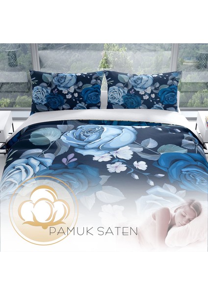 Cattleya Blue Flower Pamuk Saten Çift Kişilik Nevresim Takımı fırsatları