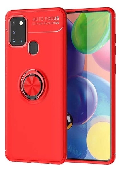 Samsung Galaxy M21 Kılıf Ultra Korumalı Yüzüklü Manyetik Ravel Silikon + Cam Ekran Koruyucu Kırmızı