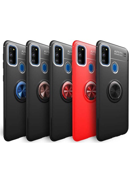 Samsung Galaxy M21 Kılıf Ultra Korumalı Yüzüklü Manyetik Ravel Silikon + Cam Ekran Koruyucu Kırmızı fiyatları