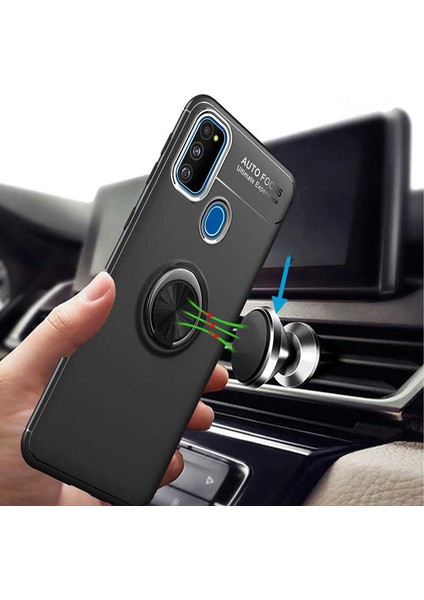Samsung Galaxy M21 Kılıf Ultra Korumalı Yüzüklü Manyetik Ravel Silikon + Cam Ekran Koruyucu Kırmızı modelleri