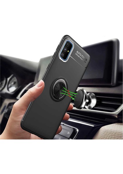 Samsung Galaxy M31S Kılıf Ultra Korumalı Yüzüklü Manyetik Ravel Silikon + Cam Ekran Koruyucu Siyah Mavi modelleri