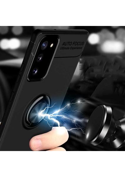 Samsung Galaxy Note 20 Kılıf Ultra Korumalı Yüzüklü Manyetik Ravel Silikon + Tam Kaplayan 3D Cam Ekran Koruyucu Kırmızı modelleri