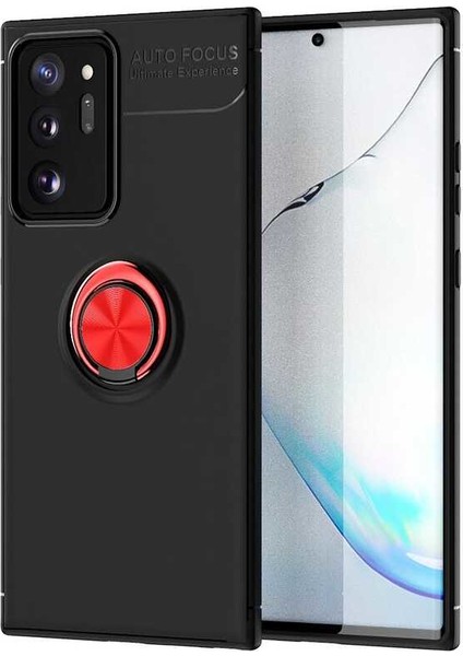 Samsung Galaxy Note 20 Ultra Kılıf Ultra Korumalı Yüzüklü Manyetik Ravel Silikon + Tam Kaplayan 3D Cam Ekran Koruyucu Siyah Kırmızı
